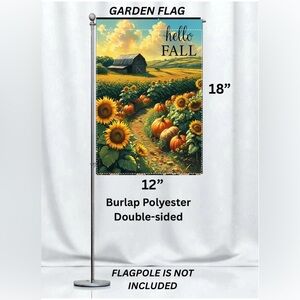 Garden flag, hello Fall, pumpkin barn, 12” x 18”, burlap polyester double-sided